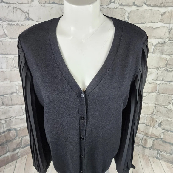 Adrianna  Papell Sheer Pleated Bishop Sleeve Cardigan Black Size Large - Picture 4 of 14